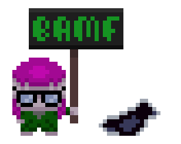 a pixel portrait of coco holding a sign that says 'bamf', with an animated crow walking back and forth and pecking the ground